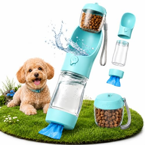 Gourde Chien 3 en 1, Bouteille d’Eau pour Chien 350 ML avec Bol Intégré, Compartiment Friandises 100 g et Sacs à Déjections, Gamelle Portable Chien pour Promenade Voyage Randonnée