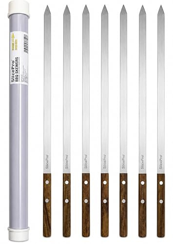 61 cm Long X 1.6 cm Wide X 2mm Thick Flat Metal Barbecue Skewers, Pack of 6 Heavy Duty Stainless Steel Skewers with Wooden Handles. Rust Resistant Reusable Grill Skewers in Storage Tube. BBQ Tool.