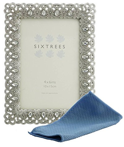 Sixtrees Antique Vintage and Shabby Chic Style silver metal photo frame with beads and crystals for a 4 x 6 inch (152mm x 102mm) picture. Diana Complete with Microfibre Cleaning cloth.