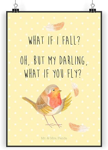 Mr. & Mrs. Panda Bild Rotkehlchen Federn DIN A4 - Geschenk, fliegen, drucke, Lustige Sprüche, Posterdruck, Motivation, Wandbild, Spruch, wanddeko, Mut, Poster, Vogel