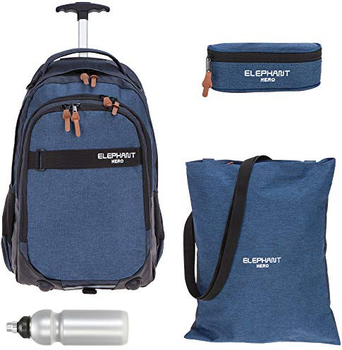 4 Teile Set: Elephant Trolley Hero Signature Jungen Mädchen Trolly Schultrolley + Sportbeutel Attach Bag + Mäppchen + Trinkflasche 12724 (Two Tone Blue (blau))