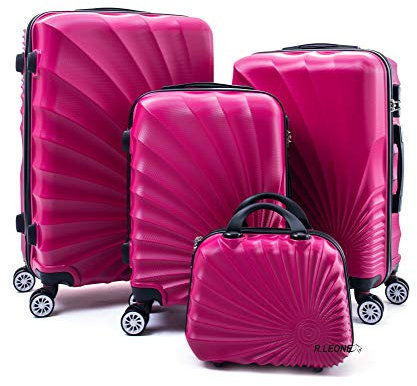 R.Leone Valigia da 1 Fino a Set 4 Trolley Rigido grande, medio, bagaglio a mano e beauty case 8 ruote in ABS 2092 (Fucsia, M Media)