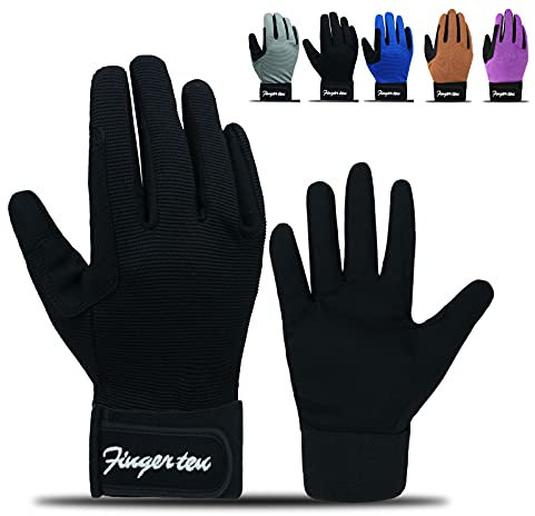 FINGER TEN Guanti da equitazione per bambini, con impugnatura antiscivolo, traspiranti, elasticizzati, assorbono il sudore, adatti per tutte le stagioni, per ciclismo, sport, scuola, bici (nero, S)