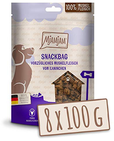 MjAMjAM - Premium Hundesnack - Snackbag vorzügliches Muskelfleisch vom Kaninchen, getreidefrei, Monoprotein 8 x 100g, 452018