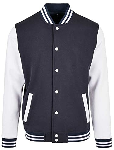 Build Your Brand Basic College Jacket – Unisex College Jacke im Regular Fit aus Baumwolle & Polyester mit Rippkragen, Knopfleiste & Taschen, ideal für Freizeit & Veredelung,Navy/White,5XL