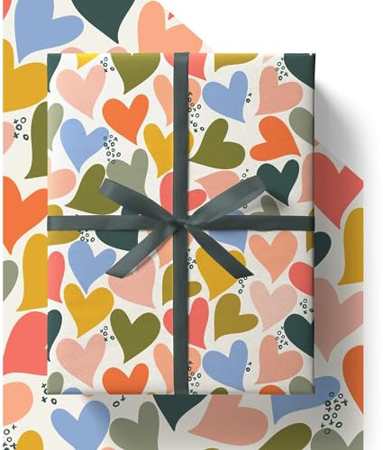 Colourful Hearts Wrapping Paper - HUGE 43% BIGGER [84cm x 60cm] Eco Friendly Recyclable Love Heart Gift Wrap for Anniversary, Wedding, Birthday, Valentines Day, Husband or Wife (4 Sheets & 4 Tags)