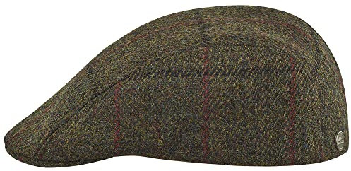Sterkowski Norte Scally Cap | Harris Tweed Schiebermütze mit Ohrenklappen für Damen und Herren | warme traditionelle Schirmmütze mit Ohrenklappen, Khaki/Rot kariert, 60 EU