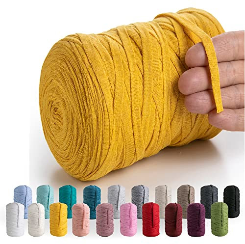 MeriWoolArt® Baumwollgarn Band Gelb - 10mm T-Shirt Band Garn für Stricken, Makramee, Häkeln, Weben, Geschenkband - 150 m Baumwollband (Tabak)