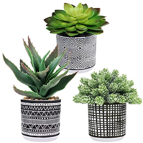 Winlyn Set mit 3 verschiedenen kleinen Topf-Sukkulenten-Arrangement, künstliche Sukkulenten, in Schwarz und Weiß, geometrische Töpfe für Tischdekoration, Fensterbank, Regal, Garten, Gründekoration