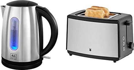 Wasserkocher - MELITTA - Prime Aqua, Edelstahl, 1,7 L, 2200 W, 1018-02 & WMF Bueno Edition Toaster Edelstahl, Doppelschlitz Toaster mit Brötchenaufsatz, 2 Scheiben, 7 Bräunungsstufen, 800 W