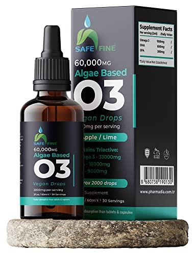 SafeFine Omega 3 Liquid Vegan Drops - DHA from Algae Oil - 60 ml Dropper Bottle - 2000 mg per Serving Plant Based Algae Source Supports Heart Brain & Eyes