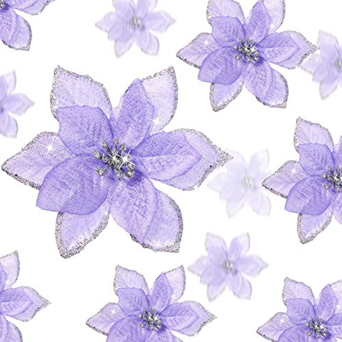 WILLBOND 36 Stück 3 Größen Weihnachtsstern Weihnachtsbaum Blumen Glitzer Faux Blumen Dekoration Künstliche Weihnachtsstern Ornamente für Weihnachten Neujahr Zuhause Outdoor Dekoration (lila, 1,9 cm /