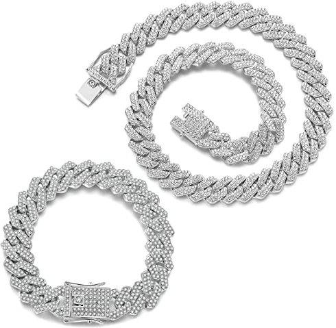 JUNVirtuous 2 Pieces Cuban Link Chain Mens Iced Out Miami Cuban Necklace and Bracelet Silver Bling Diamond Hip Hop Jewelry for Men and Women (Silver, 8 Bracelet and 16 Necklace)