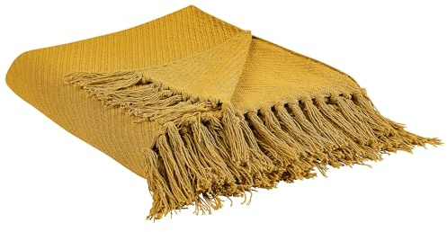 Beliani Decke Baumwolle gelb 125 x 150 cm mit Fransen Wohndecke Überwurf Klassisch Yarsa