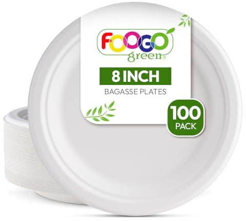 FOOGO Green 100 Disposable Sugarcane Bagasse Plates, 8 inch (20 cm), for Desserts and Starters, Eco Friendly Biodegradable Compostable, Picnic, Party, Medium Round Strong Paper Plates
