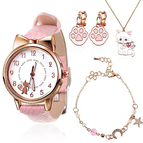 wlertcop 4Pcs Children Watches Girls Age 5-16,Watch Gift Set with Jewellery | Girls Cat Watch Cartoon Quartz Watches Beaded Charm Chain Bracelets Cute Necklace Kids Cartoon Cat Ear Clip for Birthday Gift