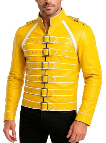 Fashion_First Mens Rock Singer British Icons Concert Yellow Faux Leather Costume Halloween Men cosplay
