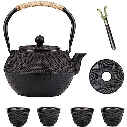 Teekannen-Set aus Gusseisen, japanischer Tetsubin-Teekessel, langlebige Gusseisen-Teekanne mit Teesieb für losen Tee und vollständig emaillierter Innenseite für Herdplatte (1200 ml Tee-Set mit Tassen)