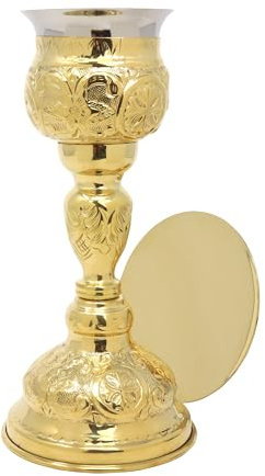 Needzo Juego de cáliz y patente de latón macizo, suministros ornamentados de iglesia católica para comunión, 8 y 4 pulgadas