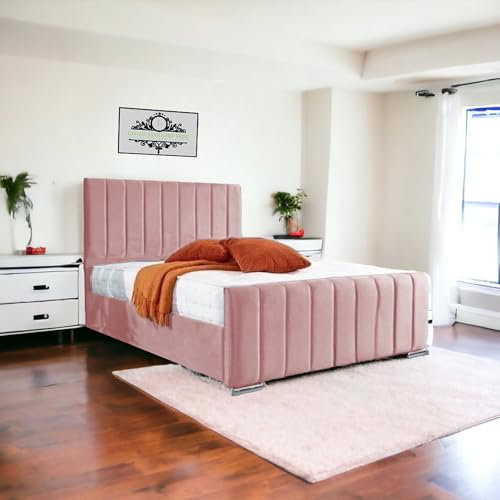 Living Comfort Bedz | Upholstered Lined panel luxury bed | Plush Velvet lift-up storage bed | Stylish ottoman Super King size bed frame with Elegant headboard Design (Pink, Super King Gas Lift)
