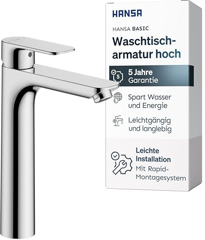 HANSA BASIC Waschtischarmatur Hoch | Einhebelmischer mit Temperatur & Durchflussbegrenzer | Erhöht zur Montage hinter dem Waschbecken | Mischbatterie Bad aus Messing | Wasserhahn Badezimmer | Chrom