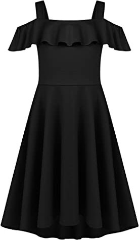 Arshiner Robe à Bretelles pour Filles d'été Décontractée avec Manches à Volants - Robe de Soirée et Halloween avec Poche - Noir 1308-9 Ans