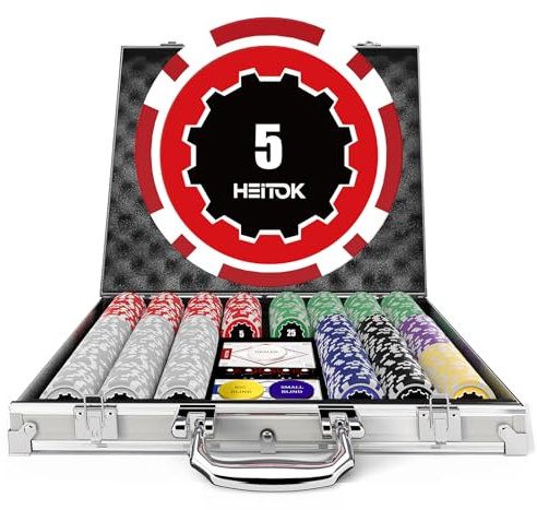 HEITOK Poker-Set, 500 Stück, 11,5 g Chips mit Nennwerten, Casino-nummerierte Chips-Set mit Aluminiumkoffer, 2 Spielkartendecks, Dealer-Tasten und 2 Schnittkarten