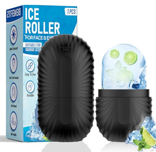 Ice Roller for Face and Eye, Silicone Ice Facial Roller Ice Holder, Face Ice Mold Skin Care, Face Icers Reusable Ice Cube Roller for Shrink Pores Anti Wrinkle Reduce Puffiness, Black