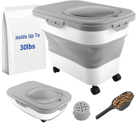 QLoztyse Récipient de stockage pliable pour nourriture pour chien, capacité de 13,6 kg, avec pelle – Grands récipients pour aliments secs avec couvercles hermétiques et roulettes pour chat