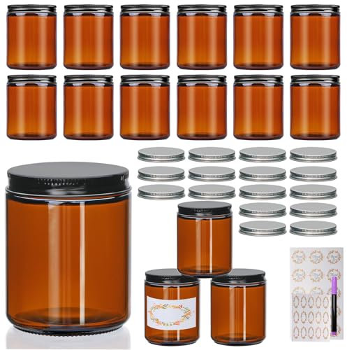Salzesfalls 16 Pack Amber Glass Jars with Lids, 8oz, Round, Solid, Perfect for Spices, Candles, Cosmetics