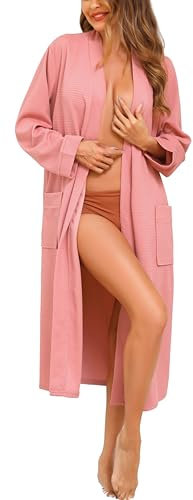 Vlazom Waffle Dressing Gowns Lightweight Kimono Robe Cotton Soft Bathrobe for All Seasons Spa Hotel Nursing Pregnancy Pink,XXL