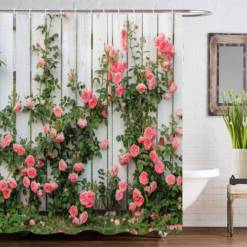 GOOESING Roses Flower on Wooden Shower Curtain Flowers and Leaves Rustic Shower Curtain Bathroom Curtain with Hooks Bathroom Decor Washable Durable Waterproof Fabric 180x180cm