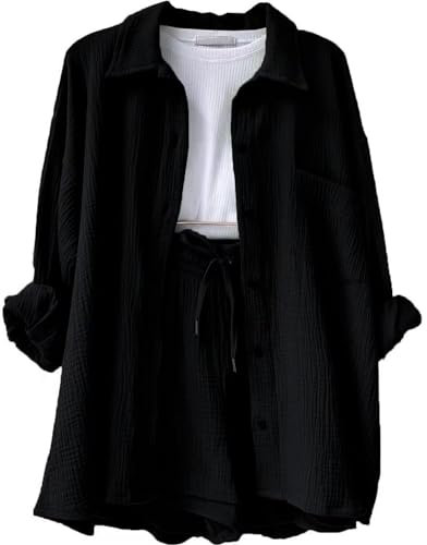 DHYUEN Chiffon Bluse Damen Festlich Langarm Longbluse Zweiteiler Damen Mit Hose Sommer Strandshirt Einfrabige Sommershirt Set Rüschenbluse Sommer Outfits Damen Damenblusen Outfits(2-Black,XXL)