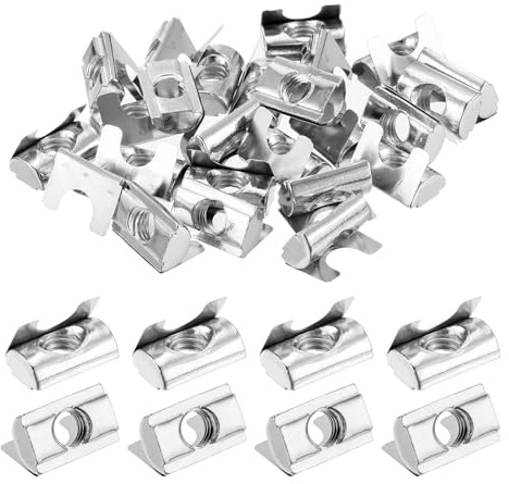 uxcell 20Pcs M8 T Nuts Roll in Spring, T Nut with Spring Sheet Carbon Steel Nickel Plated for 3030/4040 Series Slot Aluminum Profile