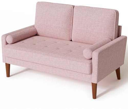Vesgantti Sofa 2 Sitzer, Modernes 2er Sofa mit 2 Wurfkissen, Kleine Stoffcouch mit Armlehne, Mini Sofa für Wohnzimmer/Wohnung/Büro, Einfache Montage, Rosa, 121 x 77 x 87CM
