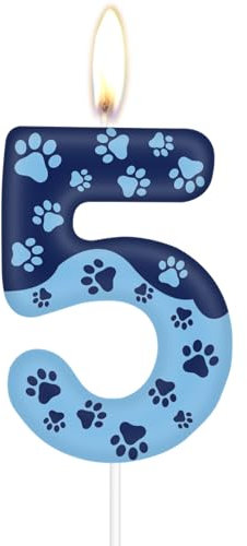 Blaue Hundepfotenkerze zum 5th Geburtstag, blaue Hundepfoten Kuchendekorationen Partykerze, blaue Zahl 5 Kerze für Kuchen, Kuchendekoration für Jungen Mädchen 5th Geburtstag,Pet Party Deko Zubehör