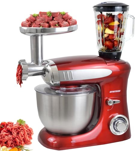 Syntrox Teigknetmaschine Snilex mit Fleischwolf | Mixer | Teigknetmaschine, 6,5 Liter Kapazität, 1300 Watt, Multifunktionale Küchenmaschine, Edelstahl-Rührschüssel (Rot)
