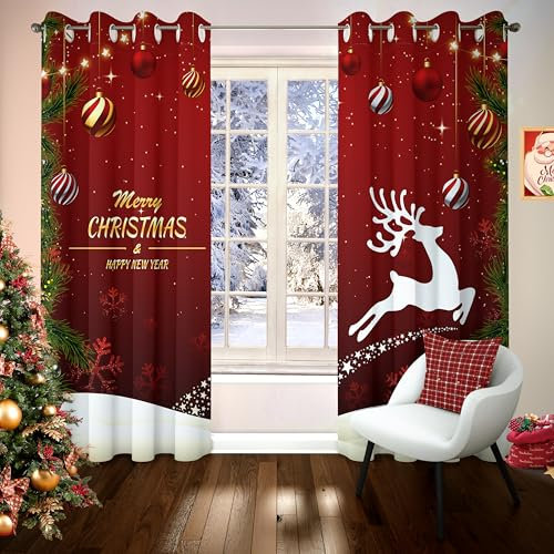 WONGS BEDDING Tende natalizie per camera da letto, soggiorno, con stampa di cervi di Natale, per bambini, ragazzi e ragazze, tende per finestre natalizie, decorazione per la stanza, 117 x 182 cm