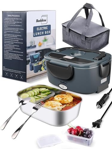 Buddew Electric Lunch Box 80W Lunch Heater for Adults, 12/24/110-230V Portable Food Warmer for Travel & Work, 1.5L, Loncheras para Hombres de Trabajo (Gray+Black)