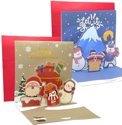 Weihnachtskarte 3D Pop up Grußkarte mit Briefumschlag, Geschenk für Weihnachten, Merry Christmas Karte (2er SET: Merry Christmas & Let it snow)