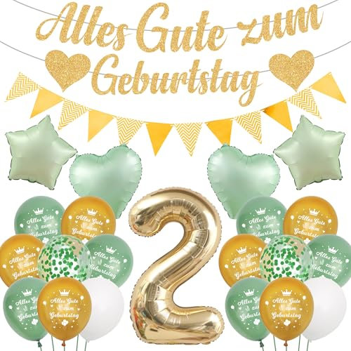 Runyuzi Deko 2. Geburtstag Junge Mädchen - 34 Stücke Geburtstagsdeko 2 Jahre Grün Gold, Sternen Luftballons Glitzer Banner Wimpel für Kindergeburtstag Party