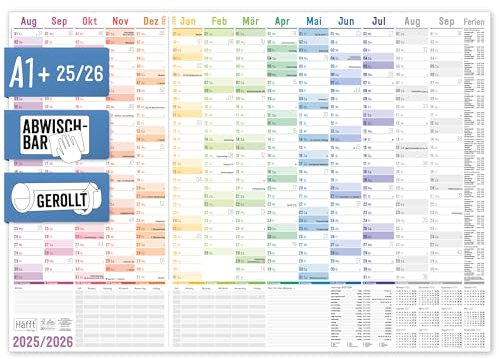 Häfft® abwischbarer Wandkalender Schuljahr 2025/2026 A1 + (89 x 63 cm) groß, gerollt Rainbow Schuljahreskalender, Schuljahresplaner - nachhaltig & klimafreundlich