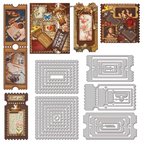 GLOBLELAND Verschachtelten Papierpräge Stanzschablonen Set Tickets Rahmen Handwerk Stanzmaschine Schablonen Briefmarkenränder Metall Stanzschablone Set für Kartenherstellung DIY Papier Handgefertigtes