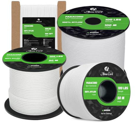 Abma Cord Paracorde 2mm Corde 15m 100% Nylon 1 Brin Type I Corde de Survie, Corde Extérieure - Max. 45 kg - Blanc