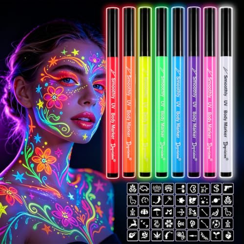 8 UV-Körpermarker, Gesichtsbemalungsstifte, leuchten im Dunkeln, unter UV-Licht, Körperbemalungs-Set, UV-Regenbogenfarben, sicheres Make-up, wischfest, wasserdicht, waschbar, 42 Tattoo-Schablonen