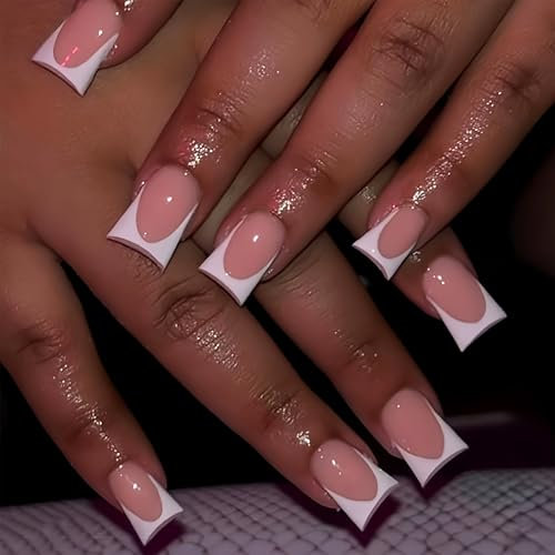 24Pcs Press on Nails - French Tip False Nails Long - Fan Shape Stick on nails - Fake Nails with Glue - Duckbill Square Nail Tips Long Lasting for Women DIY Summer French Manicure