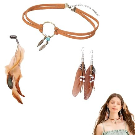 Indianerschmuck Damen Set – Boho Feder Haarschmuck & Choker Halskette & Ohrringe – Vintage Schmuck Set 4-teilig – Braun Silber – Einheitsgröße