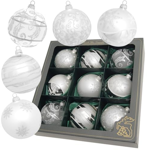 Krebs Glas Lauscha - Weihnachtsdekoration/Christbaumschmuck aus Glas - Satin-Glaskugelsortiment - Farbe: Silber - Inhalt: 9 Stück - Größe: ca. 10 cm