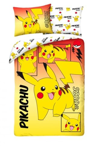 Pokemon Pikachu 0025 Reversible Bedding Set Duvet Cover 140 x 200 cm and Pillowcase 70 x 90 cm – 100% Cotton Oeko-Tex – Yellow