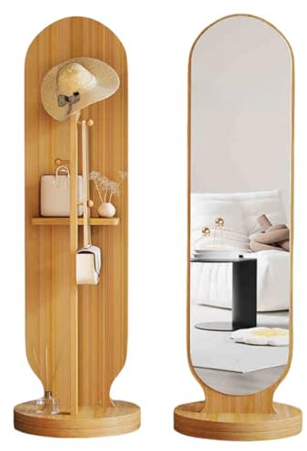 Miroir pleine longueur avec porte-manteau – Miroir rotatif à 360° sur pied avec crochets – Couleur bois élégant 56 x 168 cm pour chambre et vestiaire